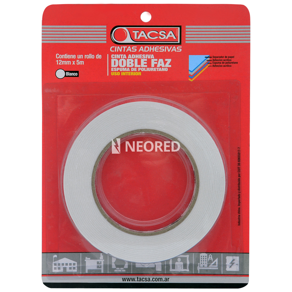Cinta adhesiva doble faz de espuma de poliuretano - 12mm x 5m